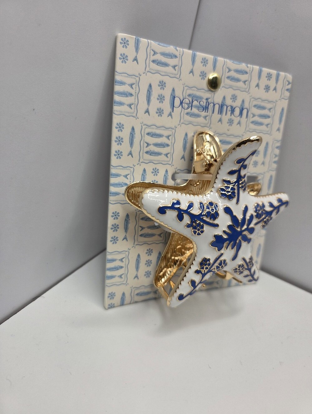 💙▪️Persimmon ▪️White & Blue Starfish Hair Metal Claw Clip with Gold Accents - Picture 4 of 8